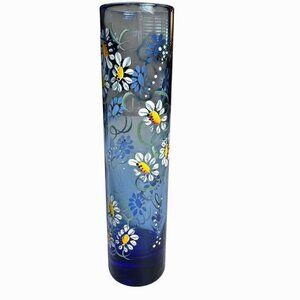 Blue Art Glass Vase Hand painted with White yellow Daisey's